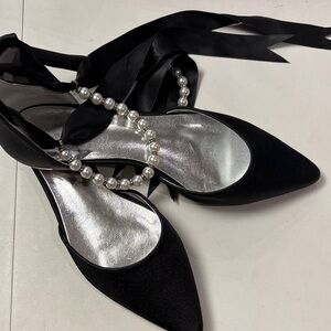 Aldo Black Satin Heels with Pearl Accent
